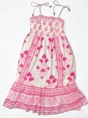 Oliphant Pink & White Floral Midi Dress with Bead-Tied Spaghetti Straps- Small